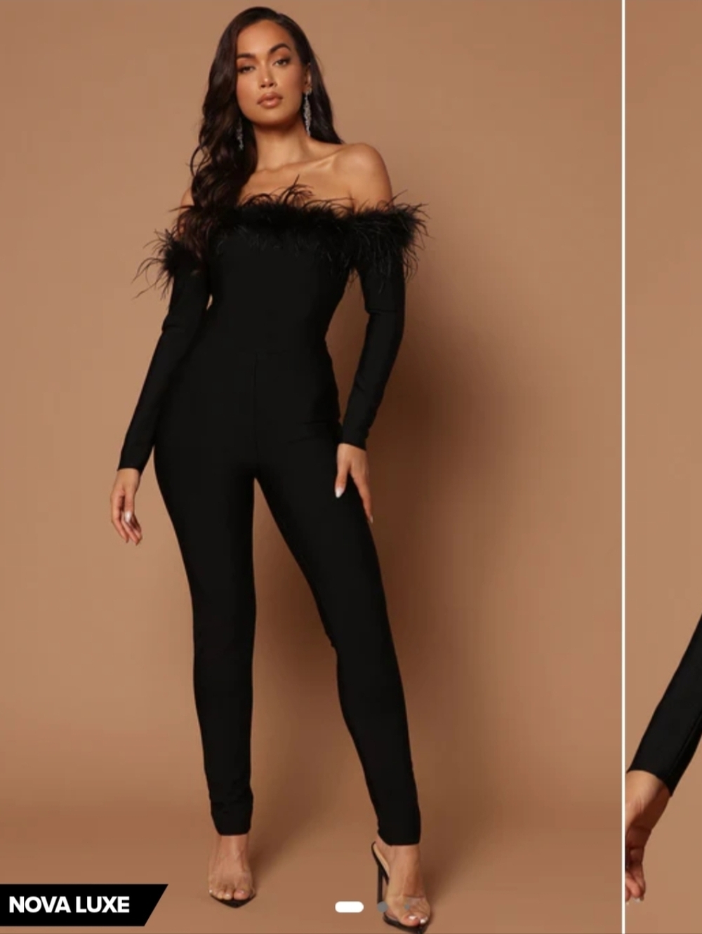 Black Fashion Nova Danni Off Shoulder Feather Neckline Jumpsuit Size M